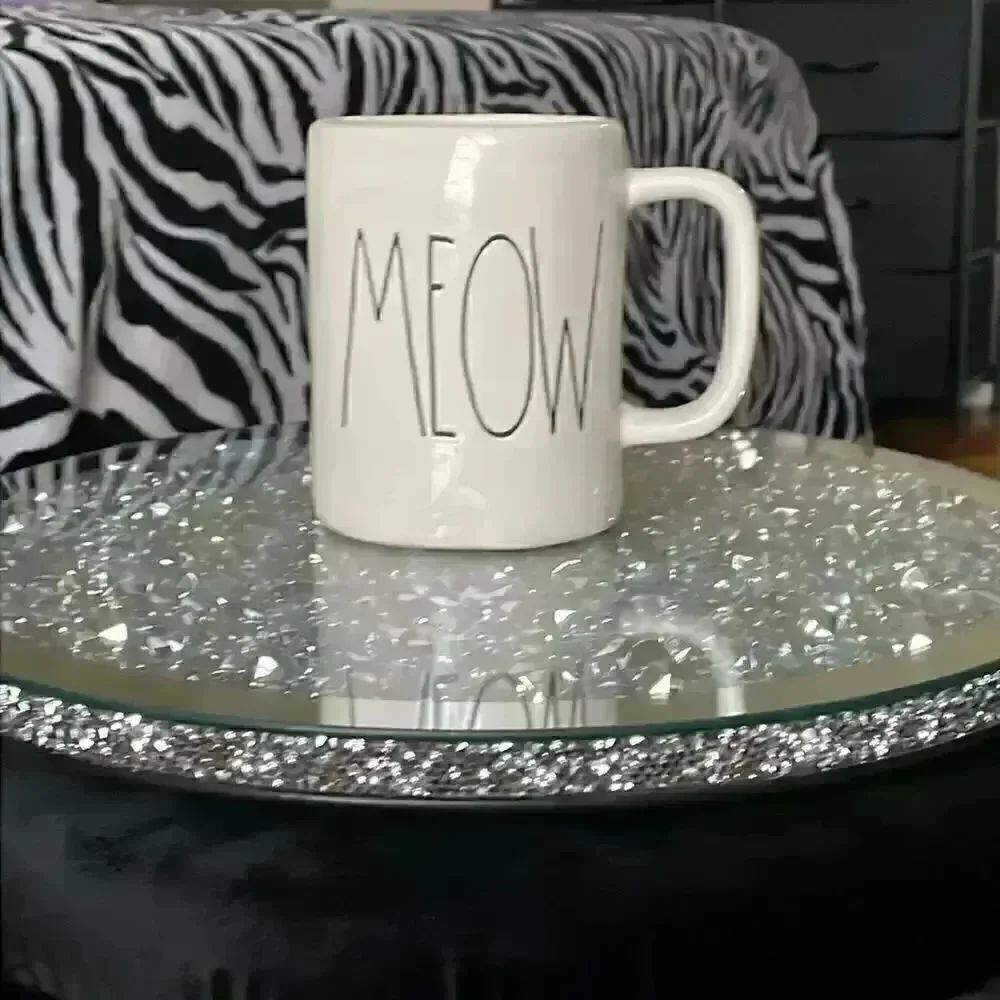 Meow Rae dunn ceramic large coffee beige off white cat word mug